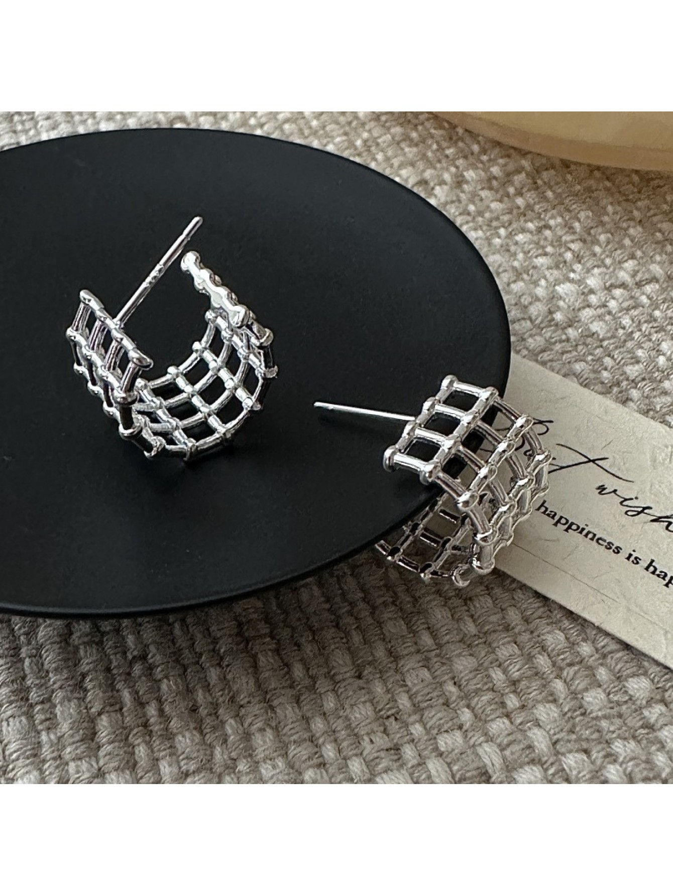 S925 pure silver ear stud ear clip niche design retro grid simple earrings fashionable and personalized ear accessories 