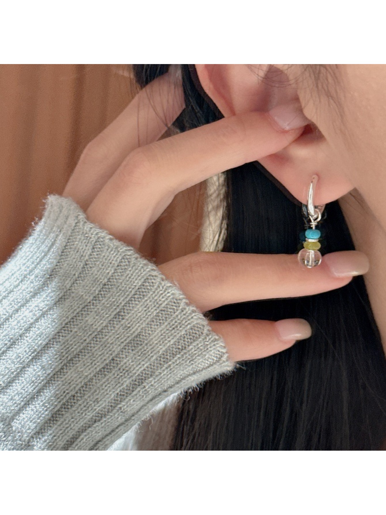 S925 sterling silver white crystal bead earrings basic style fashionable ear buckle 
