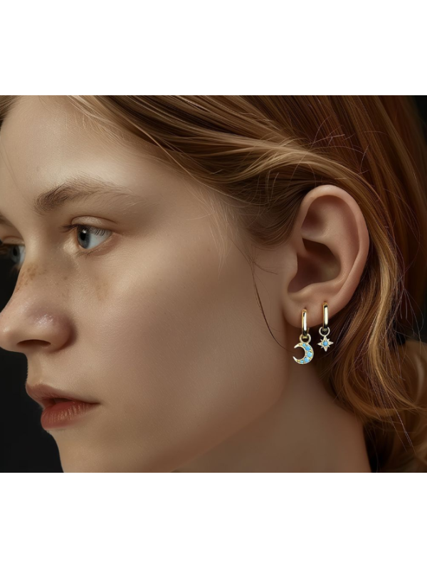 S925 pure silver star moon blue earrings for women's fashion, light luxury, personalized ear buckles, wholesale of turquoise earrings 
